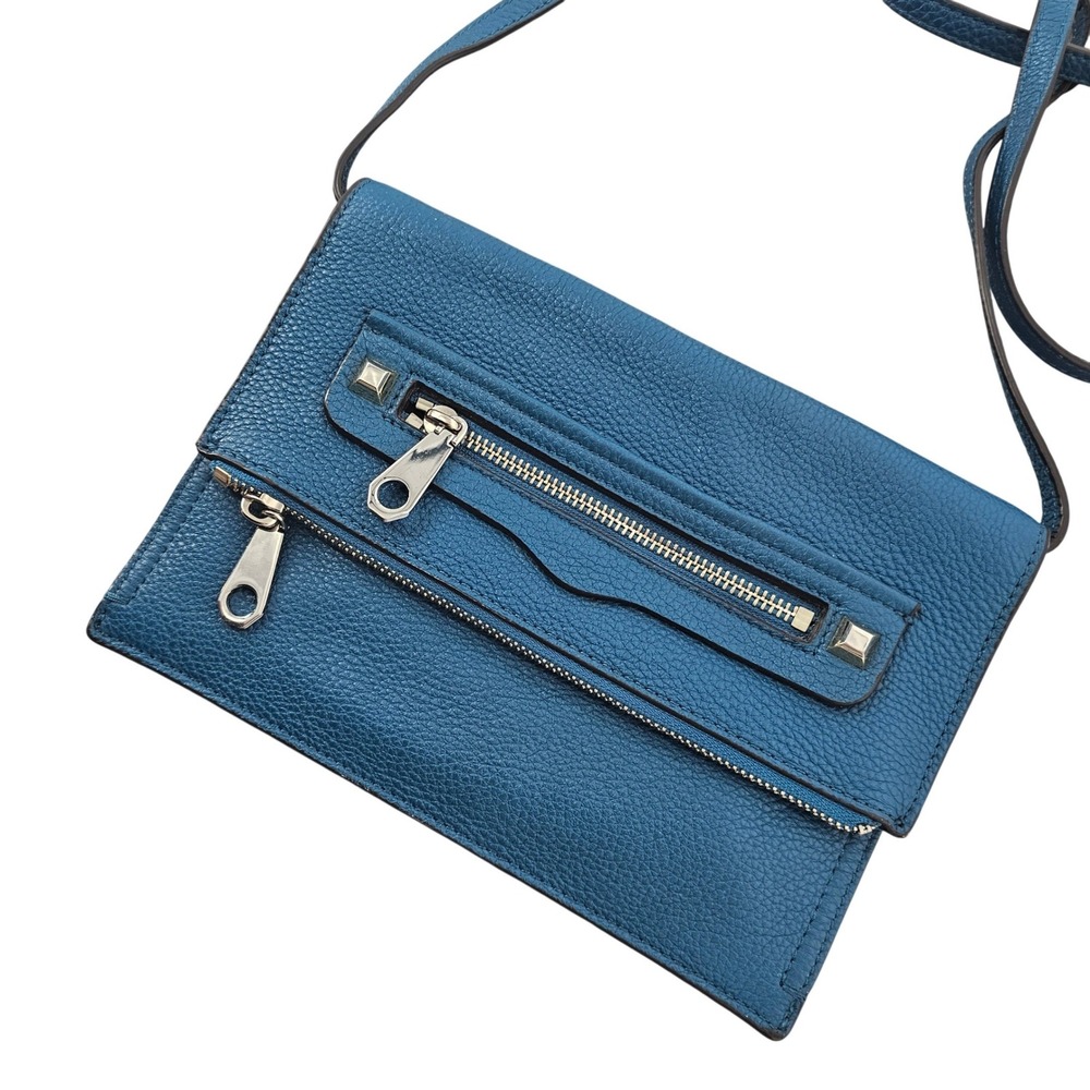 Rebecca Minkoff Leo Teal Blue Pebbled Leather Studded Zip Crossbody Clutch Bag